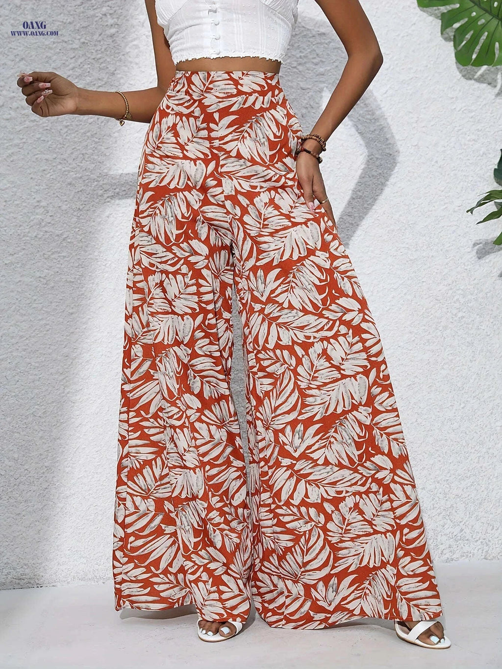 Women's Bohemian Floral Chiffon Wide-Leg Pants - High Waist Style   OAXG 