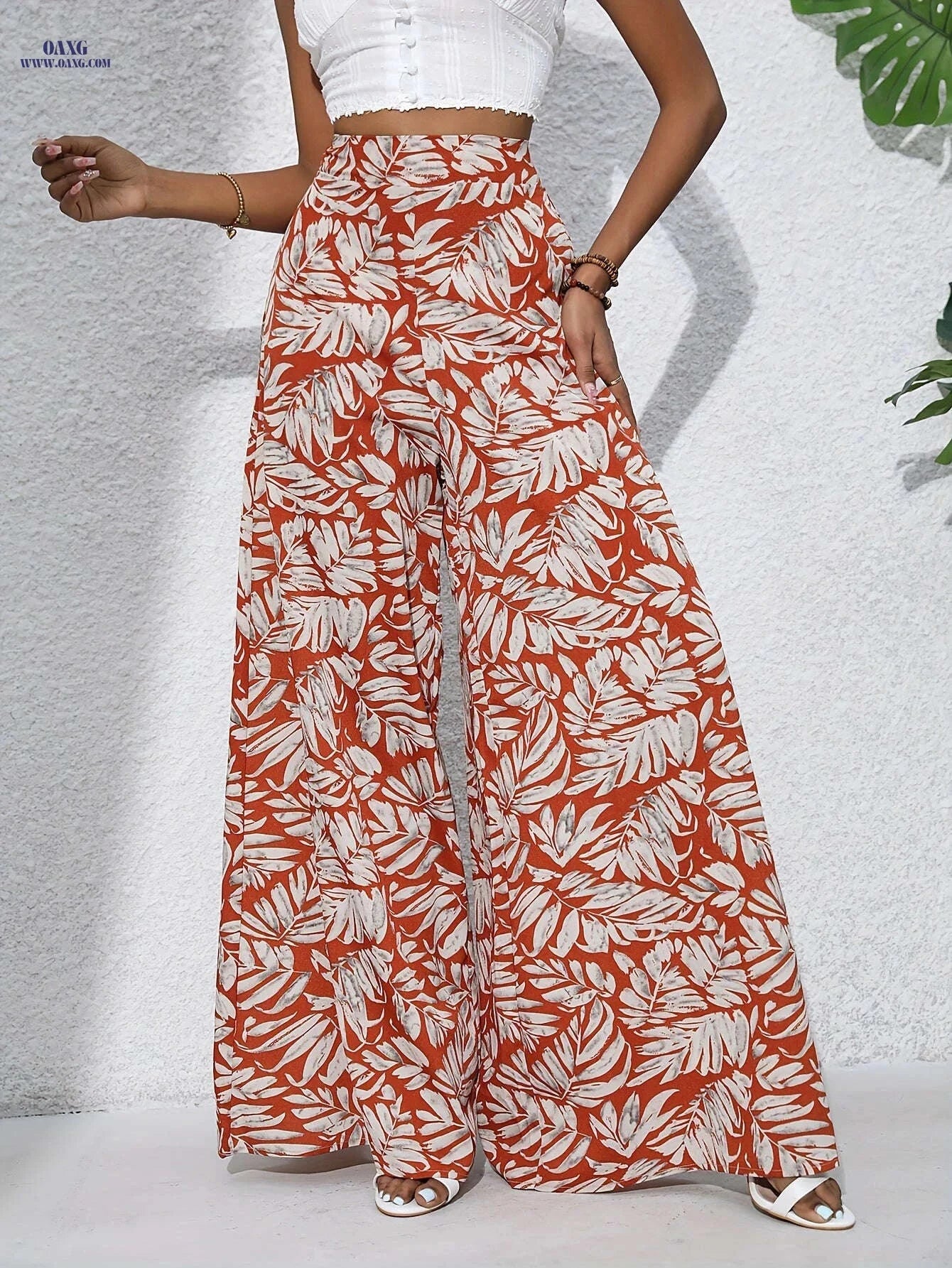 Women's Bohemian Floral Chiffon Wide-Leg Pants - High Waist Style   OAXG 