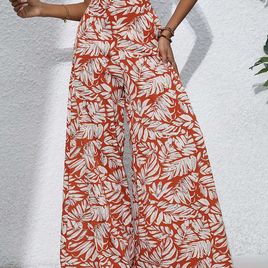 Women's Bohemian Floral Chiffon Wide-Leg Pants - High Waist Style   OAXG Navy Blue / S
