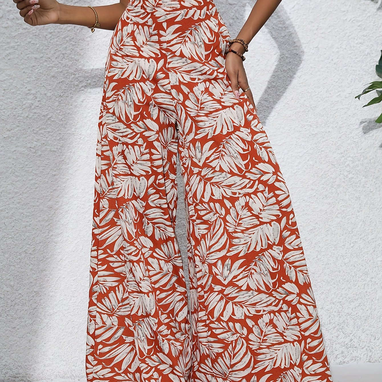Women's Bohemian Floral Chiffon Wide-Leg Pants - High Waist Style   OAXG Navy Blue / S