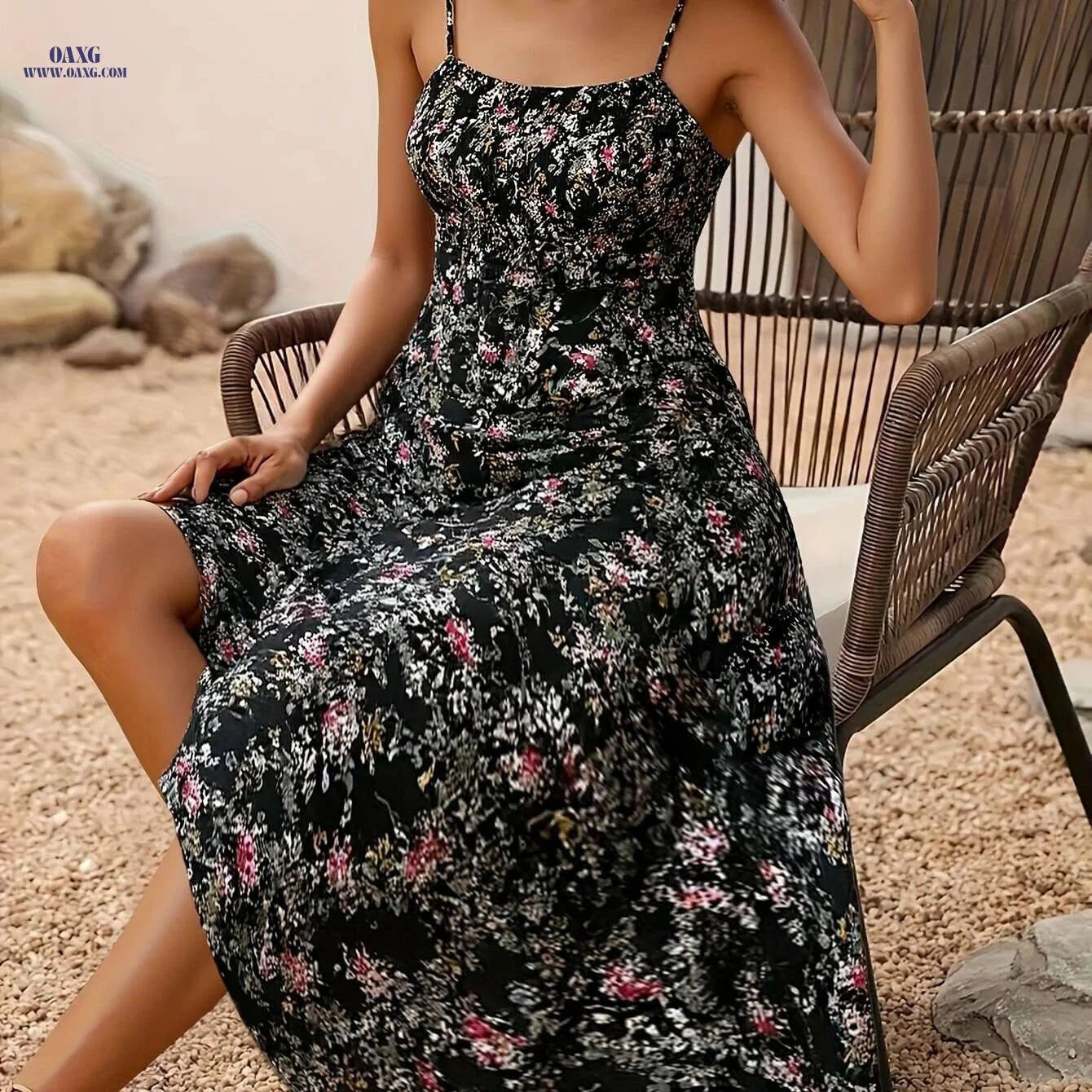 Women's Bohemian Floral Print Dress - Sleek Black, Summer Style   OAXG 