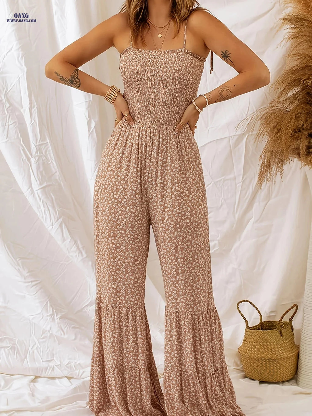 Women's Bohemian Floral Print Jumpsuit - High-Waisted Wide-Leg Style   OAXG Light Beige / S