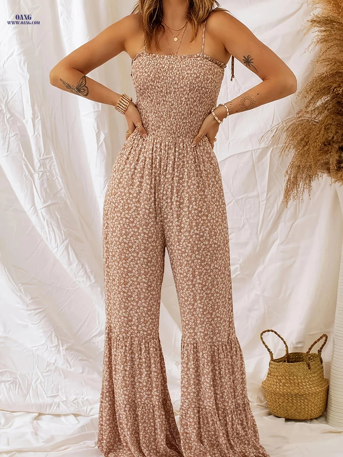 Women's Bohemian Floral Print Jumpsuit - High-Waisted Wide-Leg Style   OAXG Light Beige / S