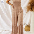Women's Bohemian Floral Print Jumpsuit - High-Waisted Wide-Leg Style   OAXG Light Beige / S