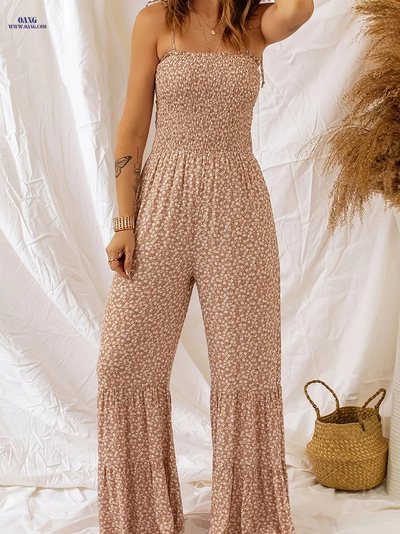 Women's Bohemian Floral Print Jumpsuit - High-Waisted Wide-Leg Style   OAXG Light Beige / S