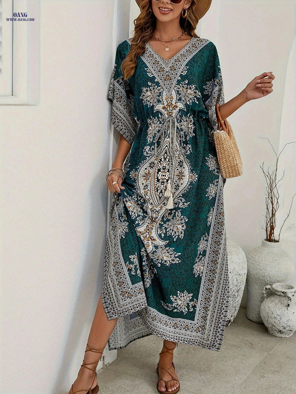 Women's Bohemian Floral V-Neck Maxi Dress - Beach Holiday Ready   OAXG 
