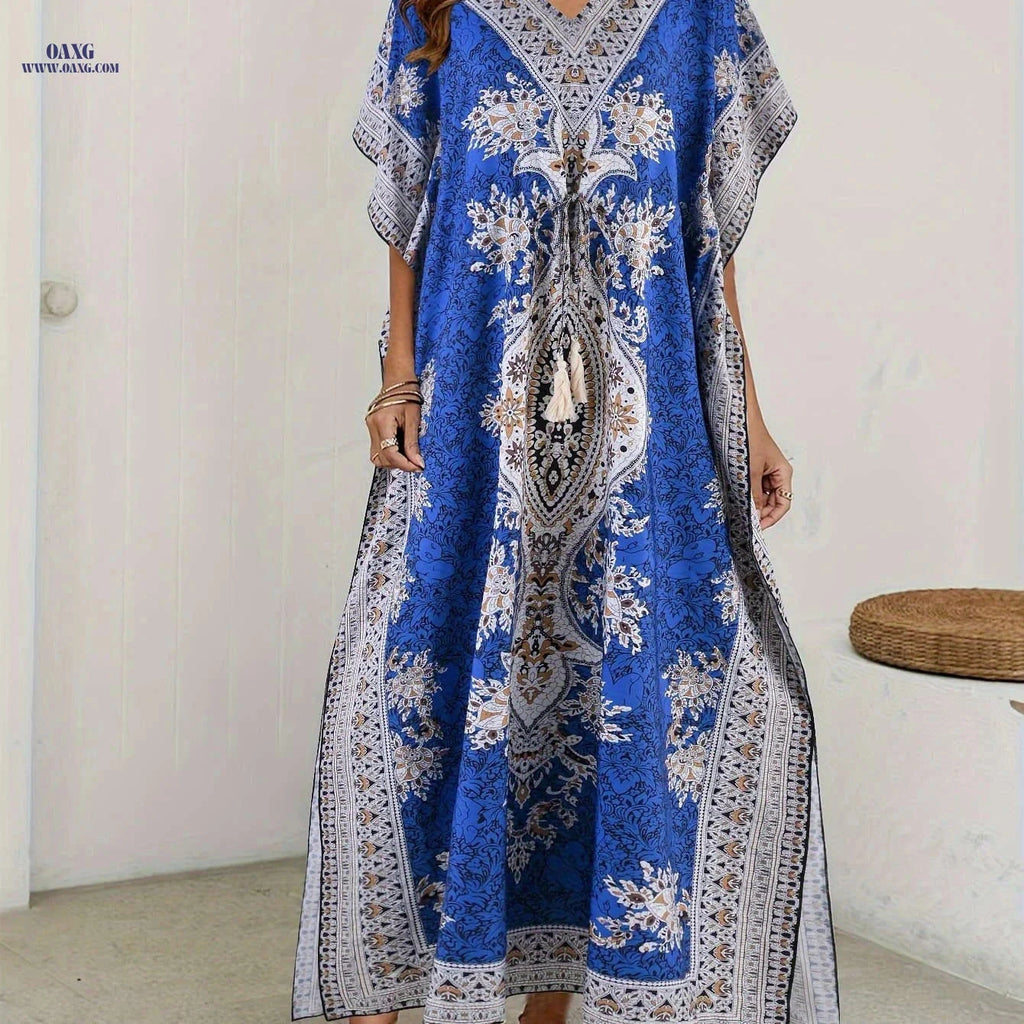 Women's Bohemian Floral V-Neck Maxi Dress - Beach Holiday Ready   OAXG Navy Blue / One-size