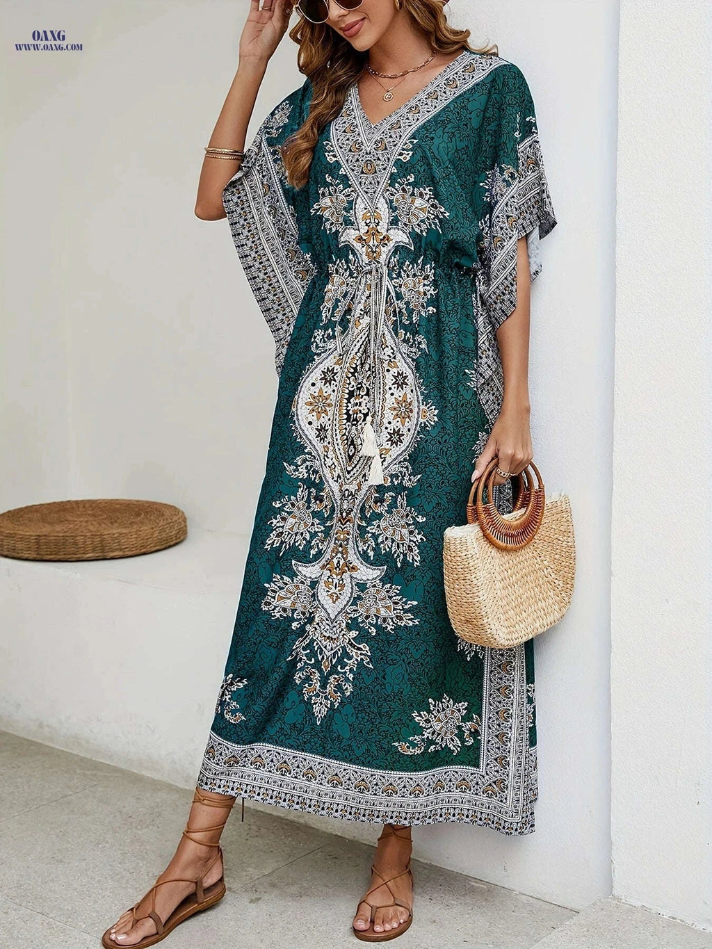 Women's Bohemian Floral V-Neck Maxi Dress - Beach Holiday Ready   OAXG 