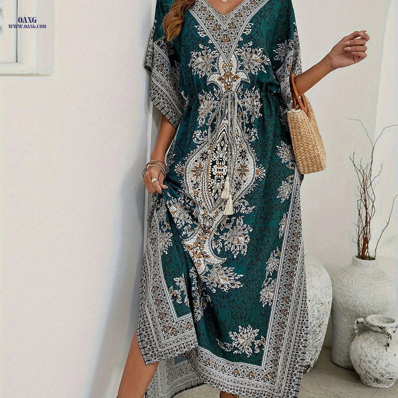 Women's Bohemian Floral V-Neck Maxi Dress - Beach Holiday Ready   OAXG 
