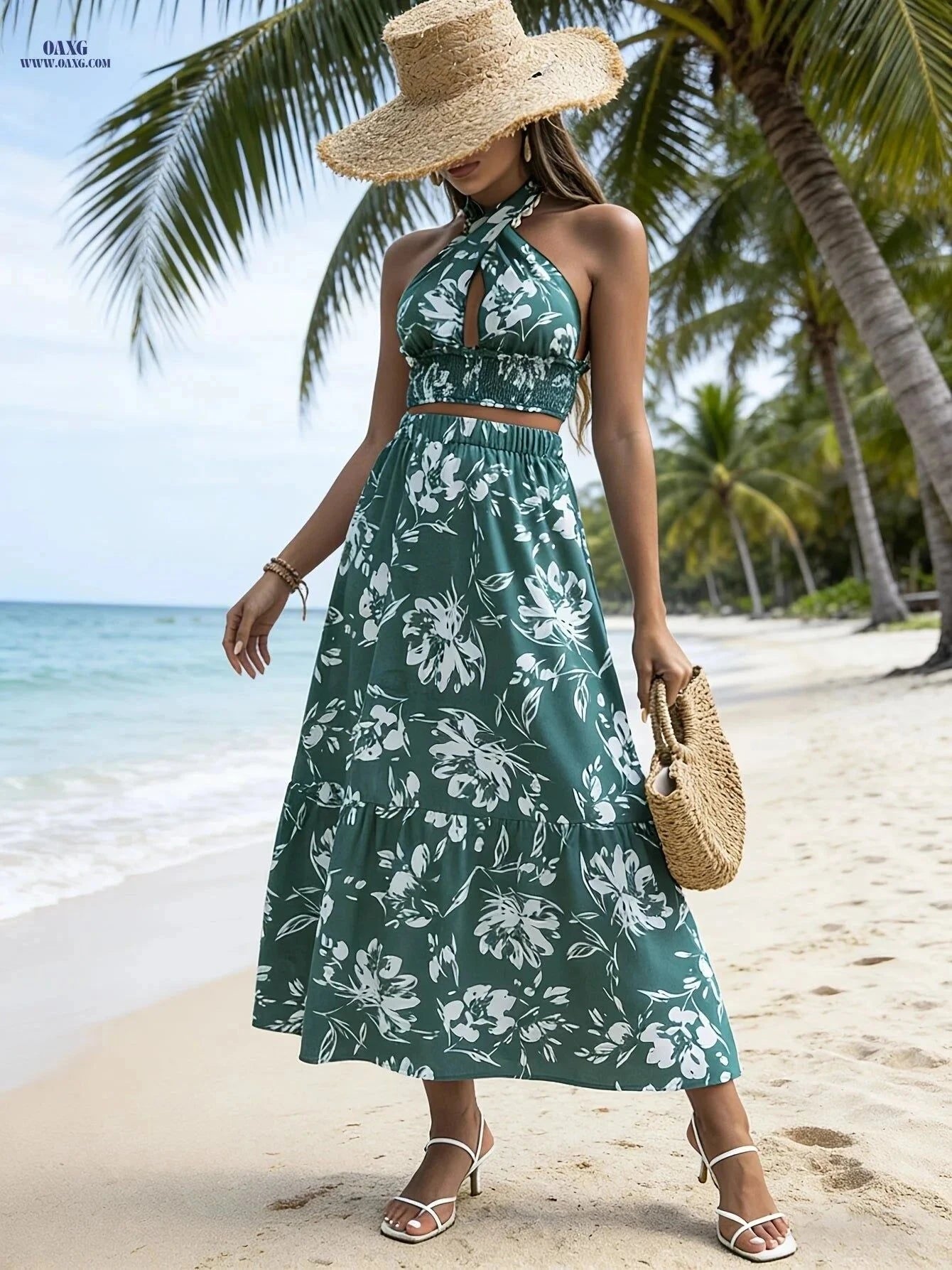 Women's Bohemian Printed Halter Neck Set - Cropped Top & Skirt   OAXG Green / XS