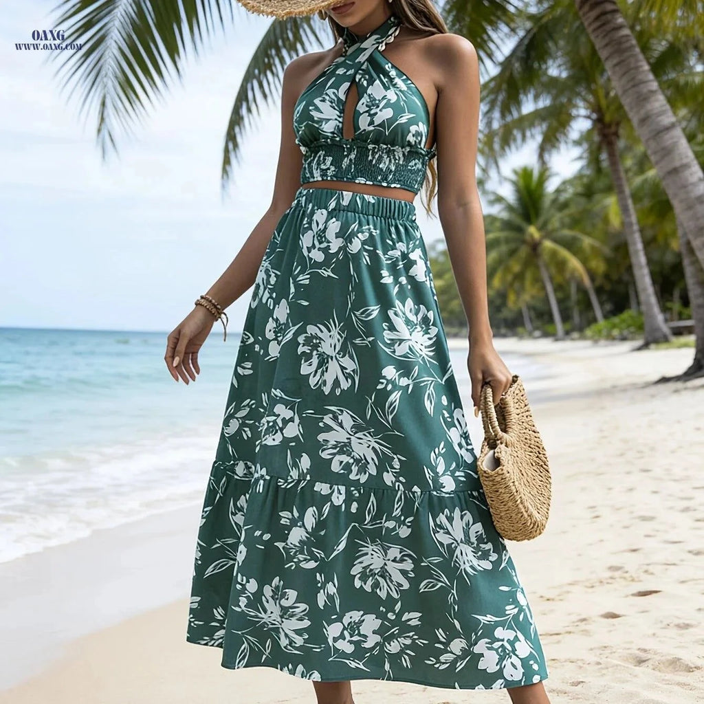 Women's Bohemian Printed Halter Neck Set - Cropped Top & Skirt   OAXG Green / XS