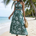 Women's Bohemian Printed Halter Neck Set - Cropped Top & Skirt   OAXG Green / XS