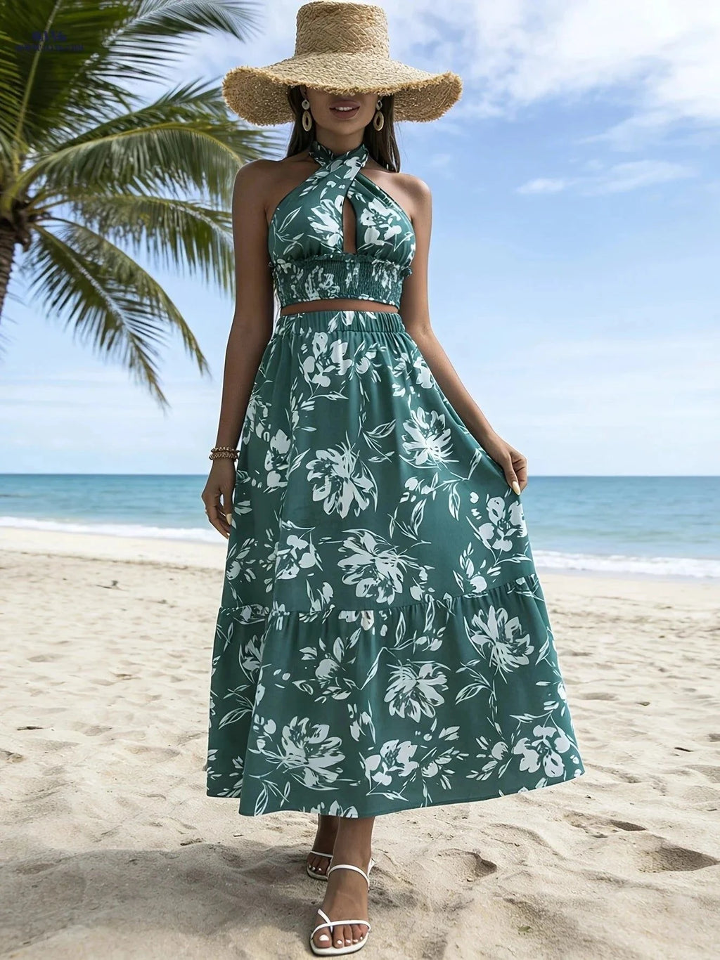Women's Bohemian Printed Halter Neck Set - Cropped Top & Skirt   OAXG Green / XS