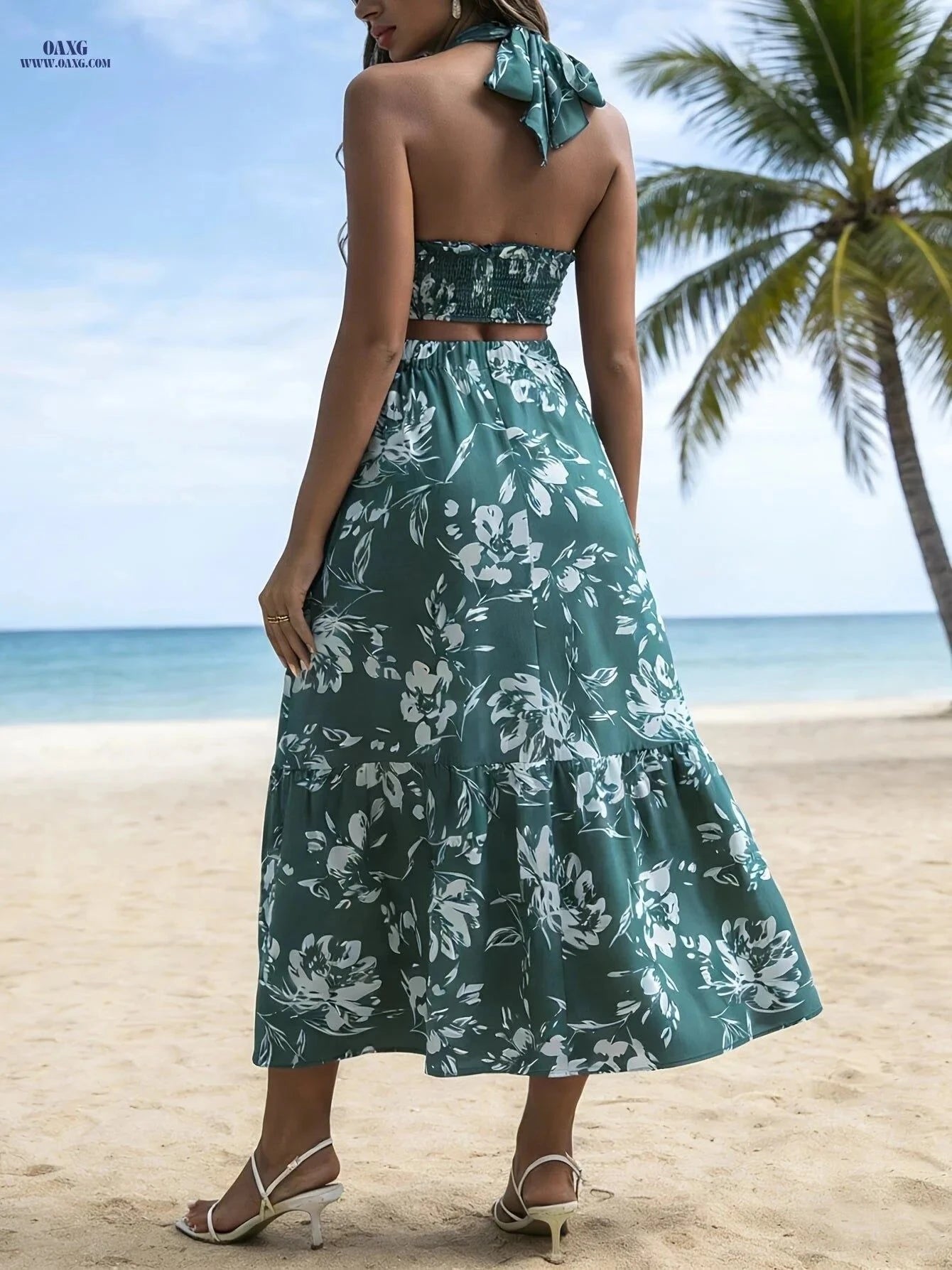 Women's Bohemian Printed Halter Neck Set - Cropped Top & Skirt   OAXG Green / XS