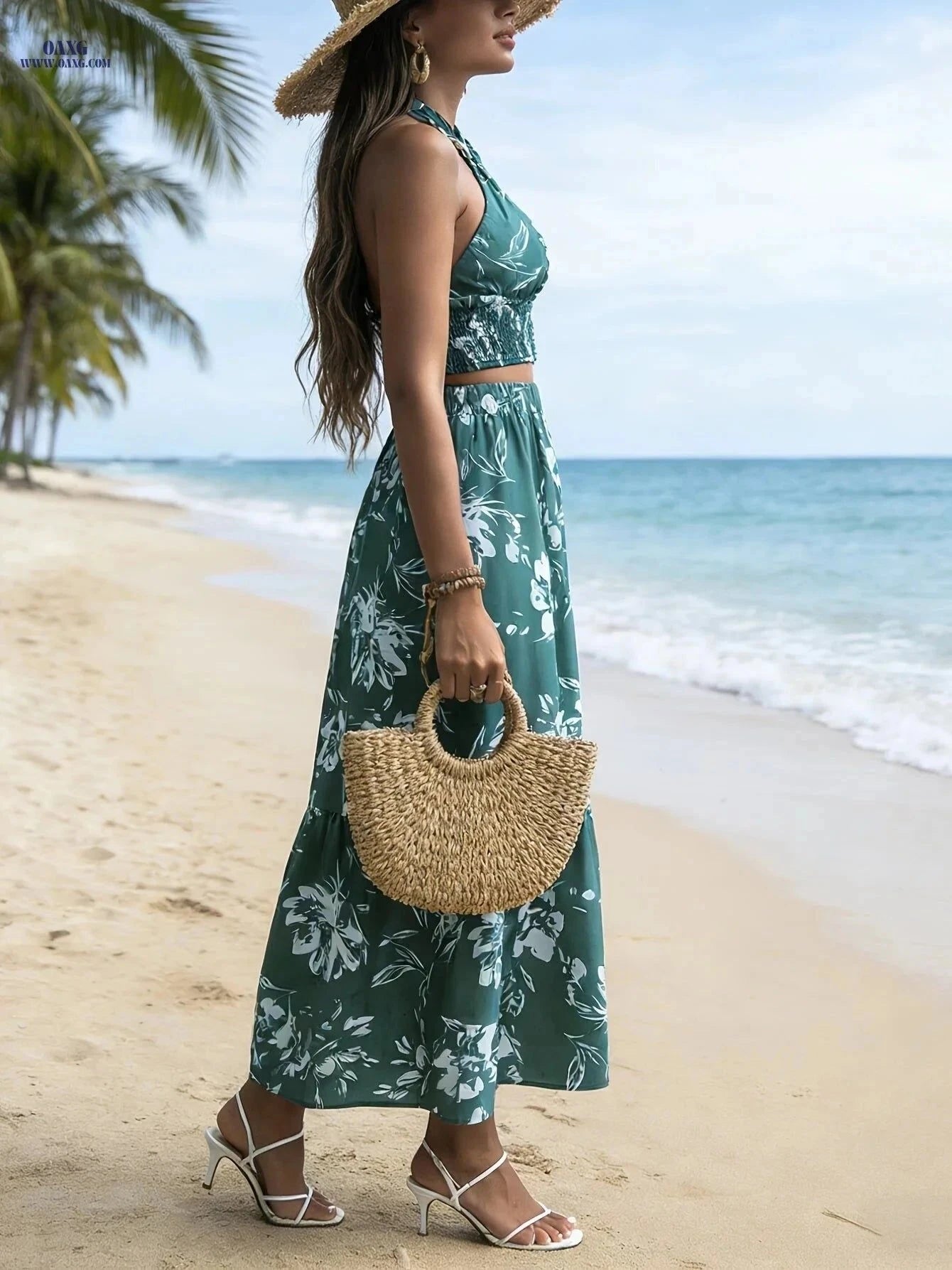 Women's Bohemian Printed Halter Neck Set - Cropped Top & Skirt   OAXG Green / XS