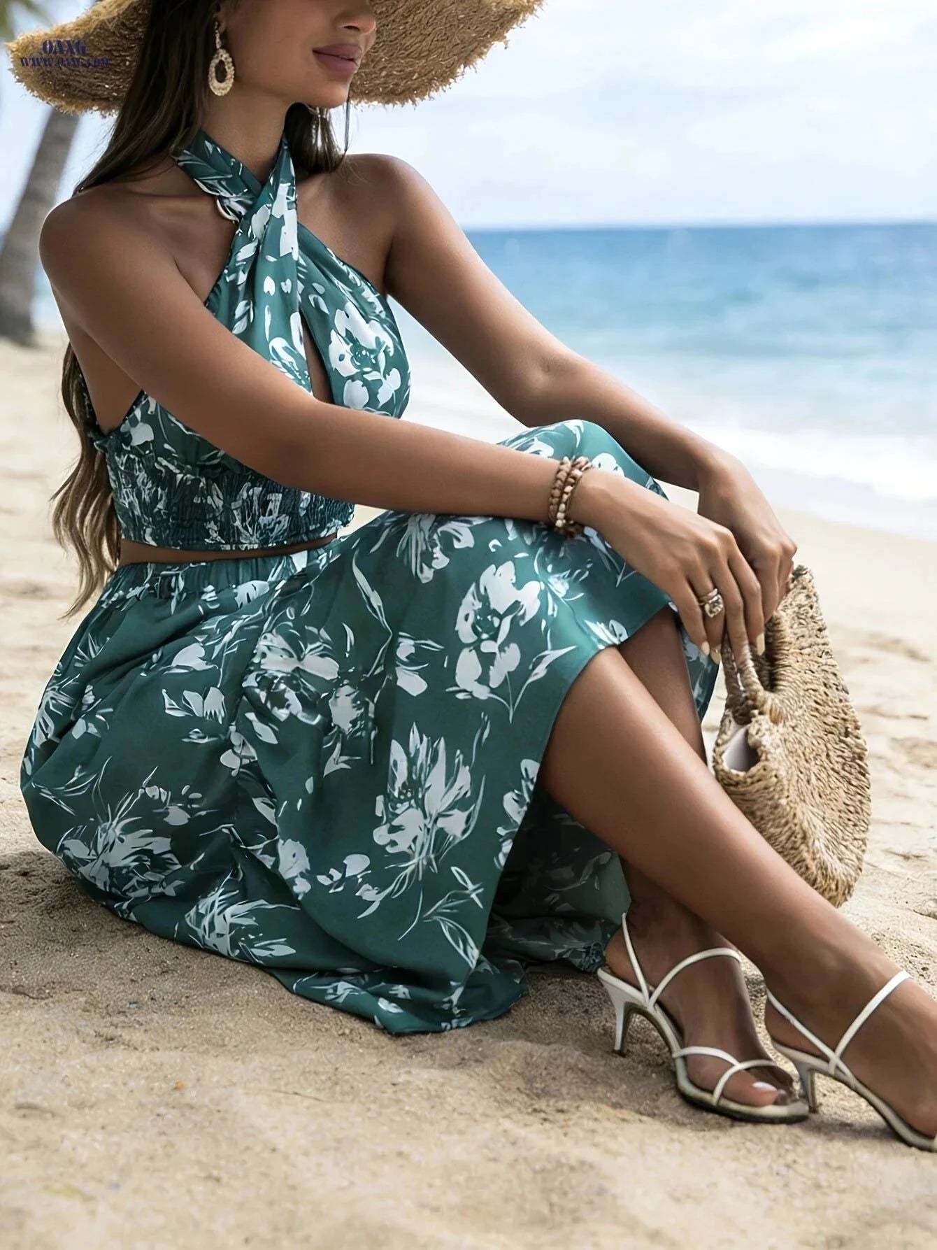 Women's Bohemian Printed Halter Neck Set - Cropped Top & Skirt   OAXG Green / XS
