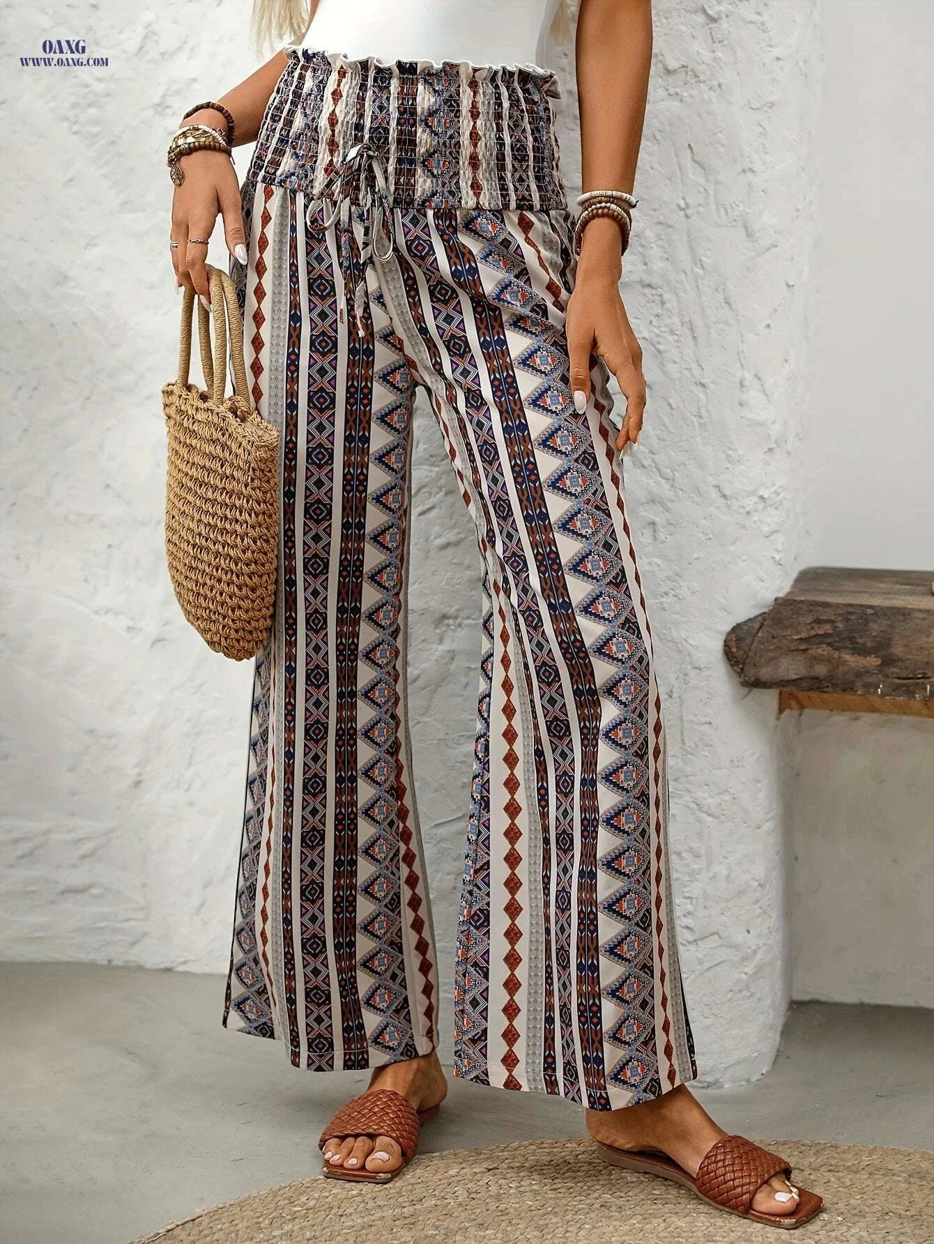 Women's Bohemian Tropical Pants - Lightweight Wide Leg Casual Trousers   OAXG Multicolor / S