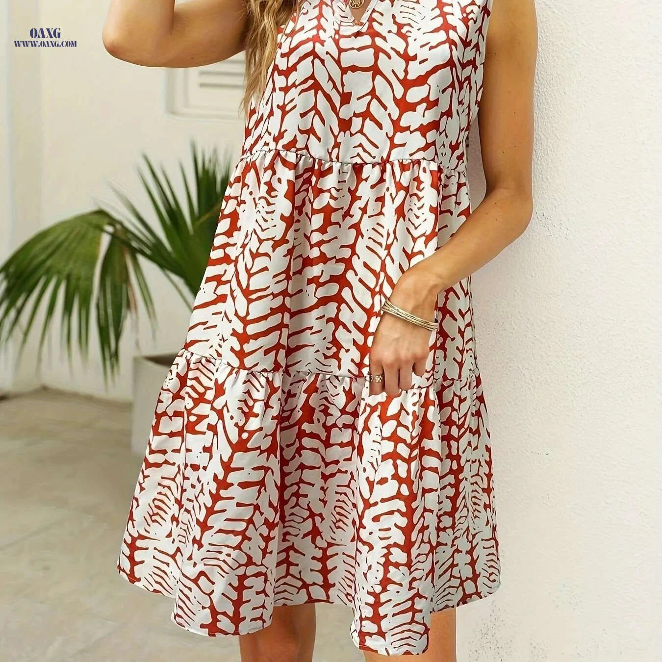 Women's Bohemian V-Neck A-Line Dress - Lightweight Summer Style   OAXG Orange / S