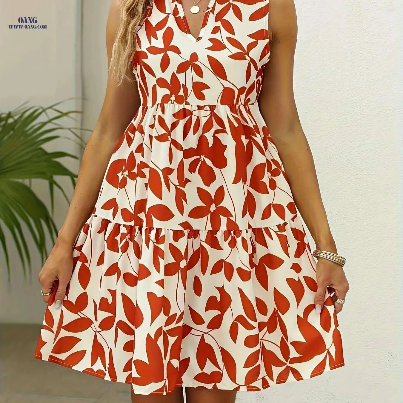 Women's Bohemian V-Neck A-Line Dress - Lightweight Summer Style   OAXG Orange / S