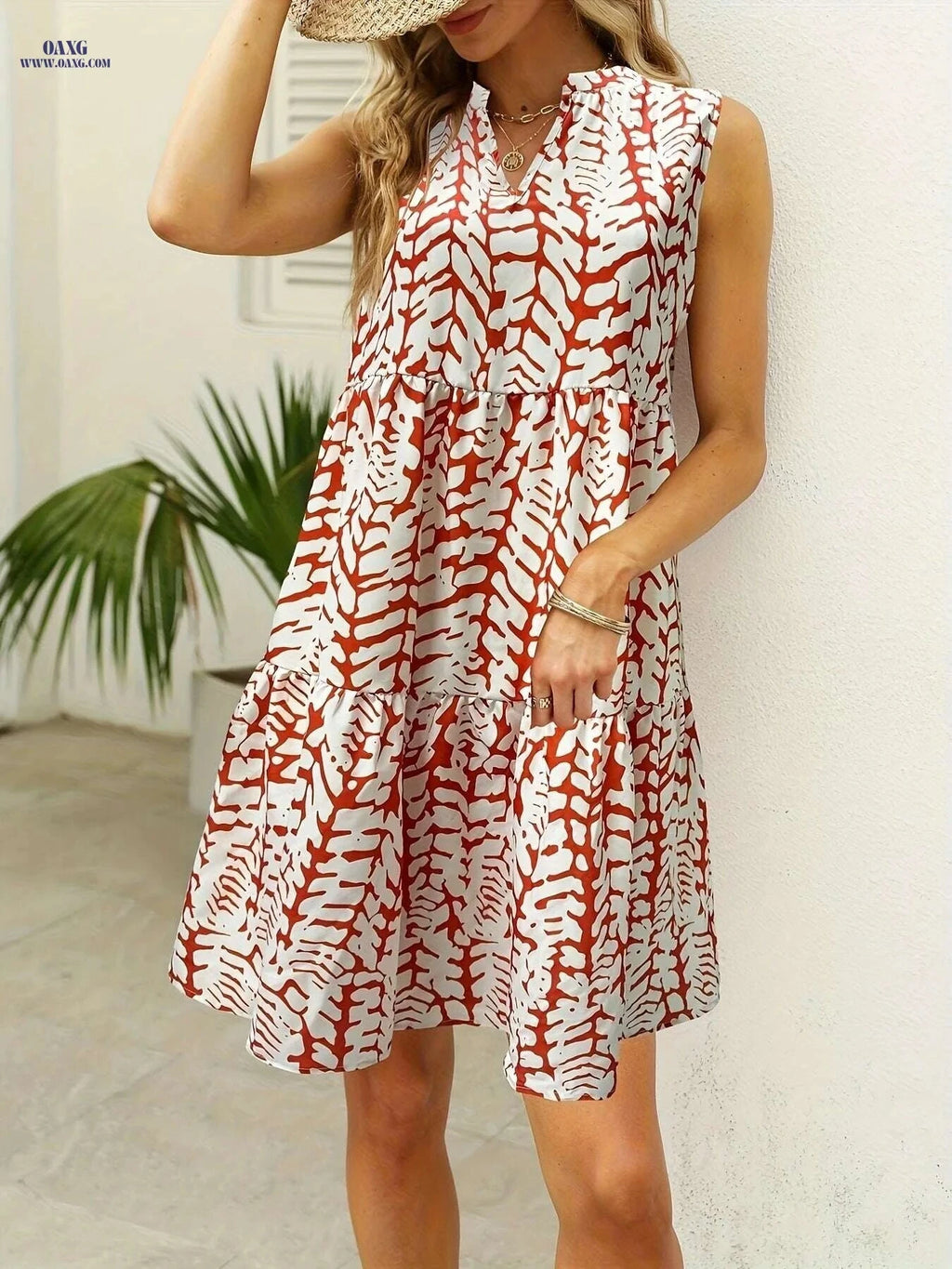Women's Bohemian V-Neck A-Line Dress - Lightweight Summer Style   OAXG Orange / S