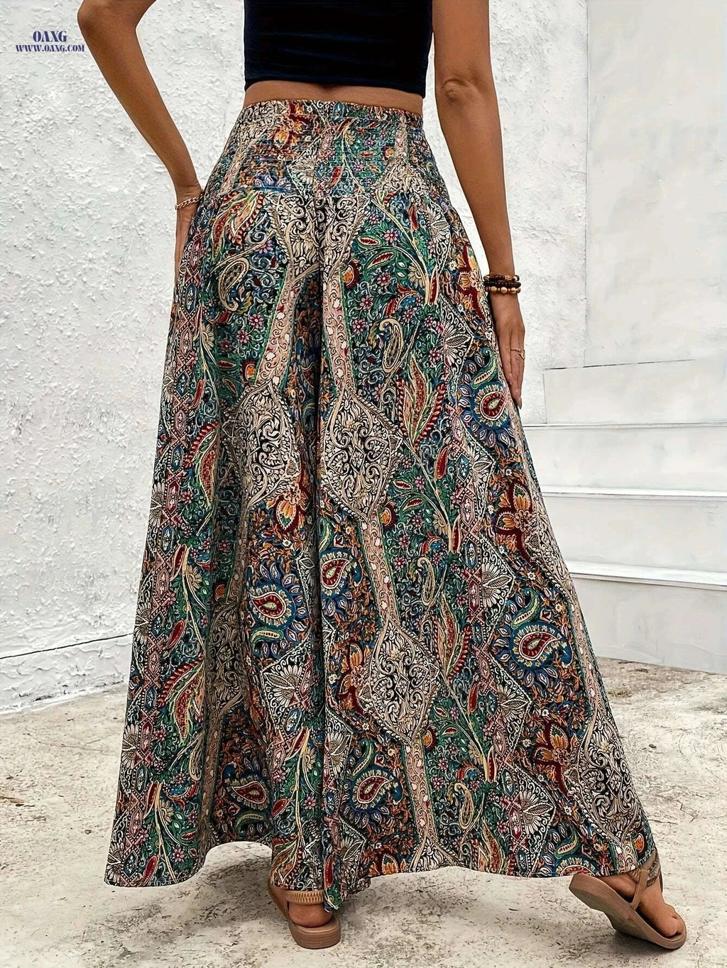 Women's Bohemian Wide-Leg Pants - Casual Loose Fit, Floral Print   OAXG Mixed Color / S