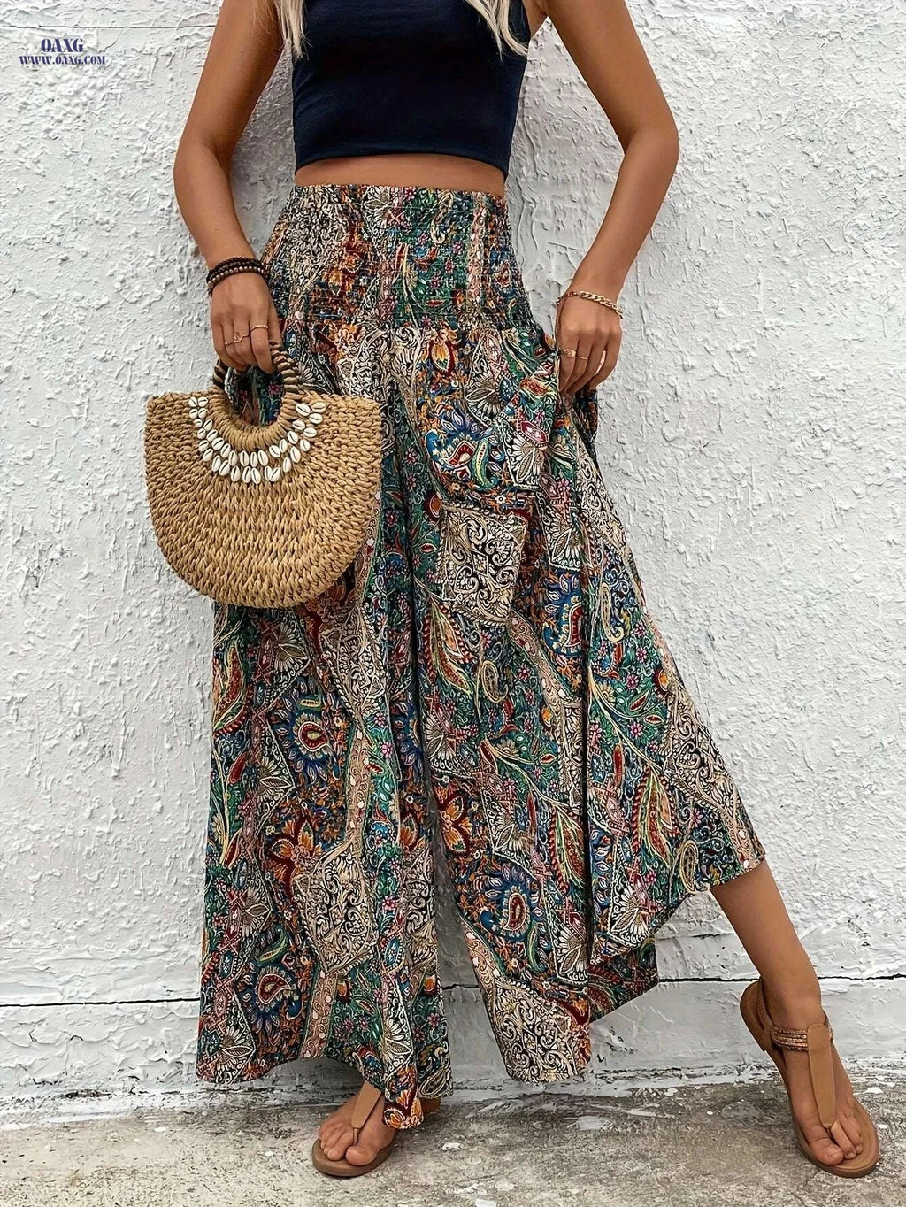 Women's Bohemian Wide-Leg Pants - Casual Loose Fit, Floral Print   OAXG Mixed Color / S