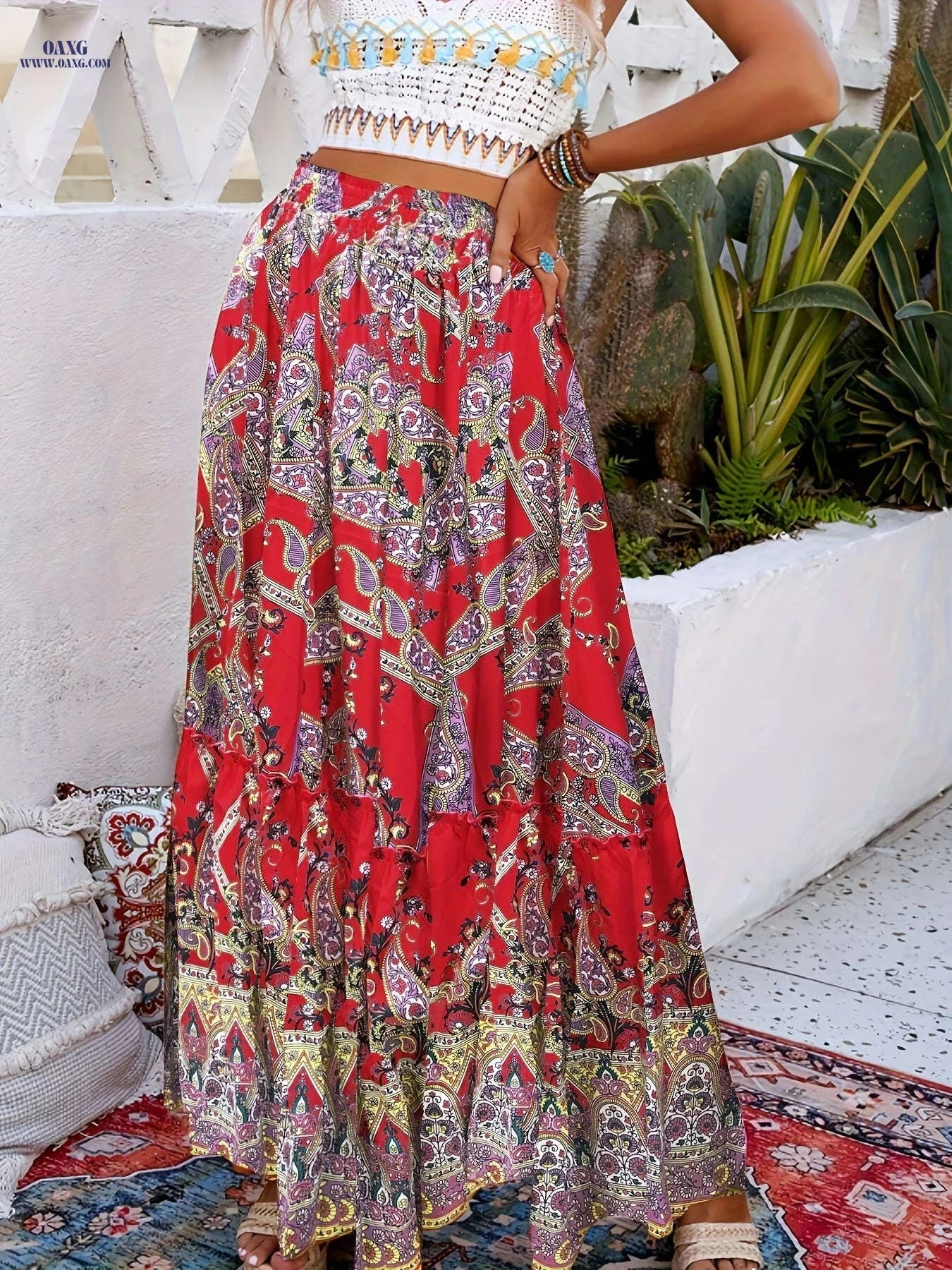 Women's Boho Paisley Print Drawstring Maxi Skirt - Summer Fashion   OAXG 