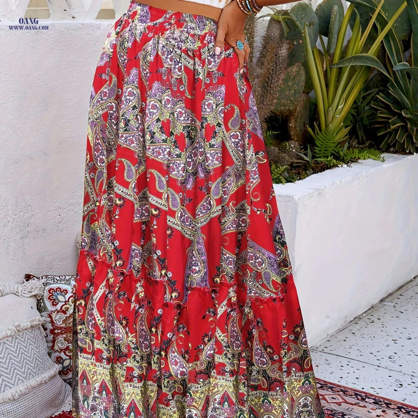 Women's Boho Paisley Print Drawstring Maxi Skirt - Summer Fashion   OAXG 【Red】 / S