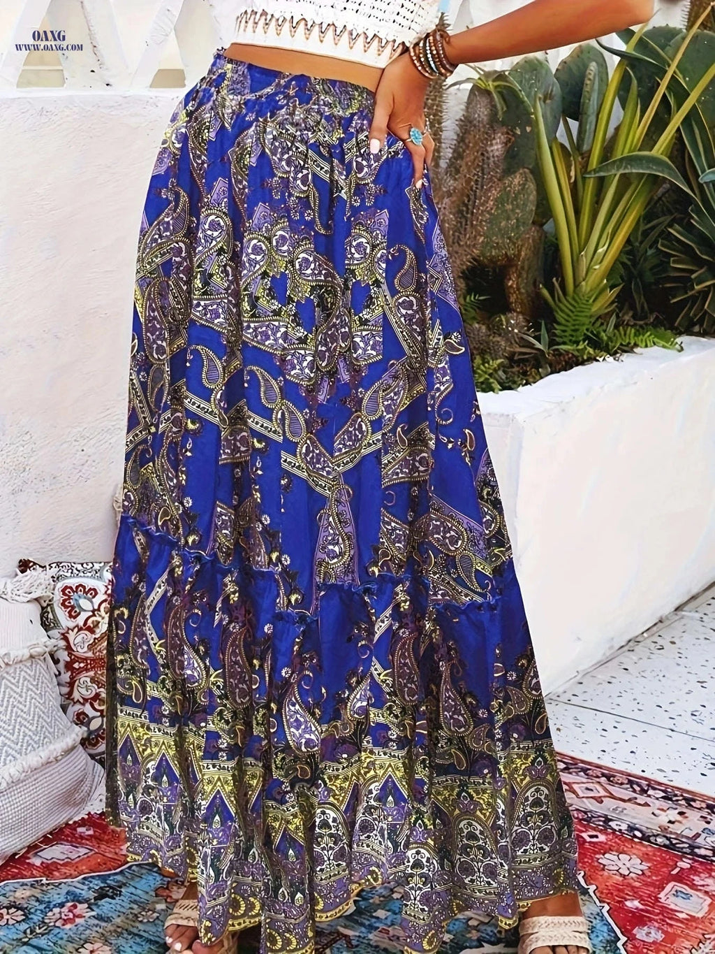 Women's Boho Paisley Print Drawstring Maxi Skirt - Summer Fashion   OAXG 【Red】 / S