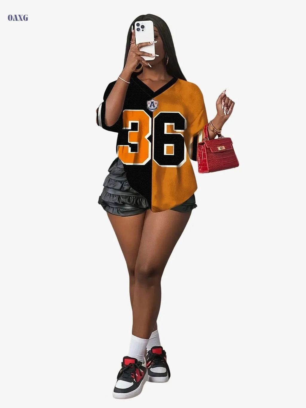 Women’s Breathable V-Neck T-Shirt - Orange & Black Sporty Print   OAXG Mixed Color / S