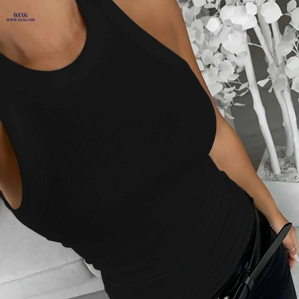 Women's Brown Round Neck Sleeveless Top - Casual & Formal Blouse   OAXG Black / S