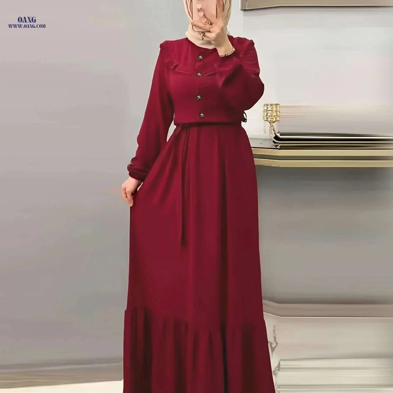 Women's Burgundy Modest Abaya Dress - Long Sleeve, Button Front   OAXG 