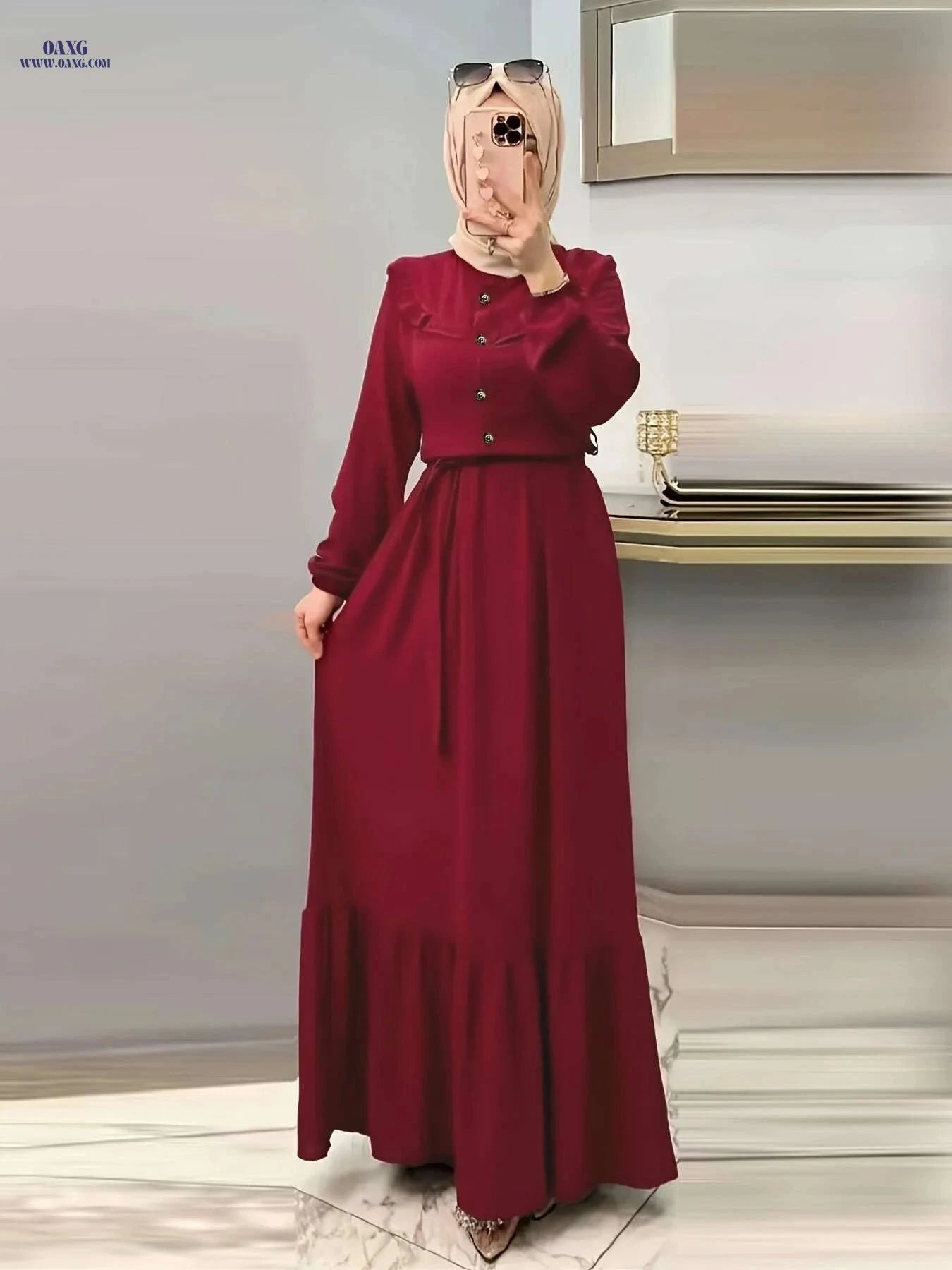 Women's Burgundy Modest Abaya Dress - Long Sleeve, Button Front   OAXG 