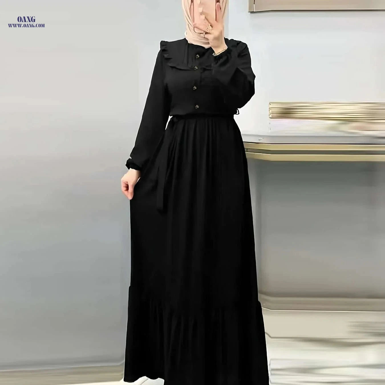 Women's Burgundy Modest Abaya Dress - Long Sleeve, Button Front   OAXG Navy Blue / S
