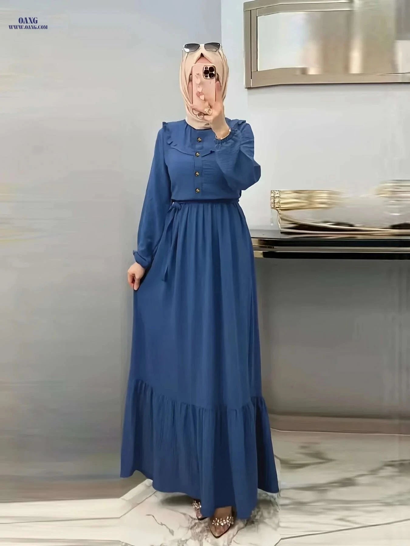 Women's Burgundy Modest Abaya Dress - Long Sleeve, Button Front   OAXG Navy Blue / S