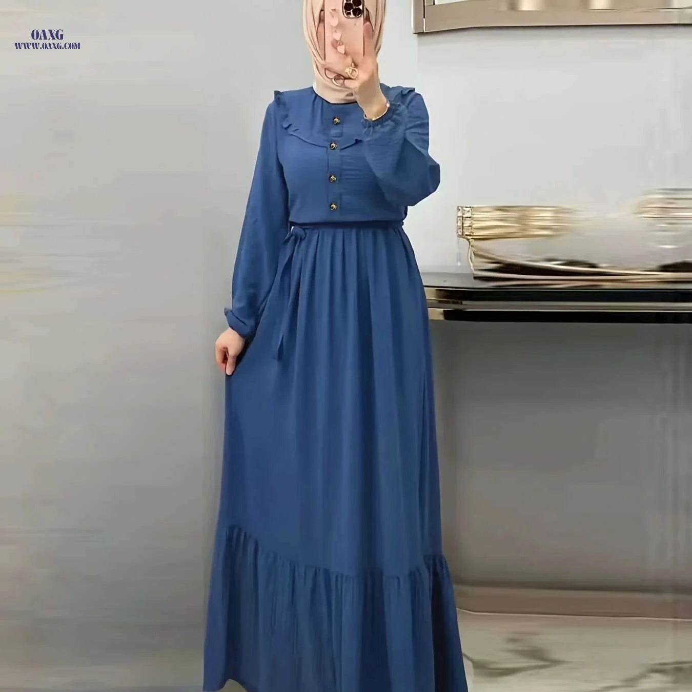 Women's Burgundy Modest Abaya Dress - Long Sleeve, Button Front   OAXG Navy Blue / S