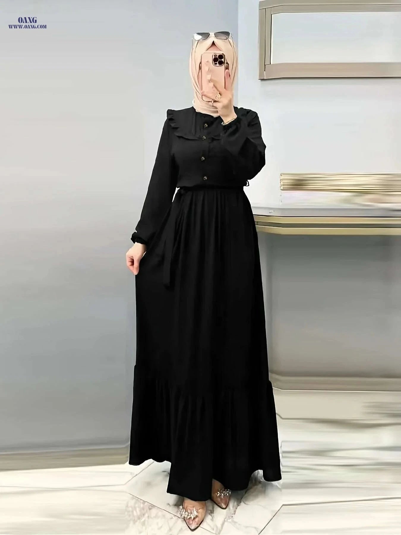 Women's Burgundy Modest Abaya Dress - Long Sleeve, Button Front   OAXG Navy Blue / S