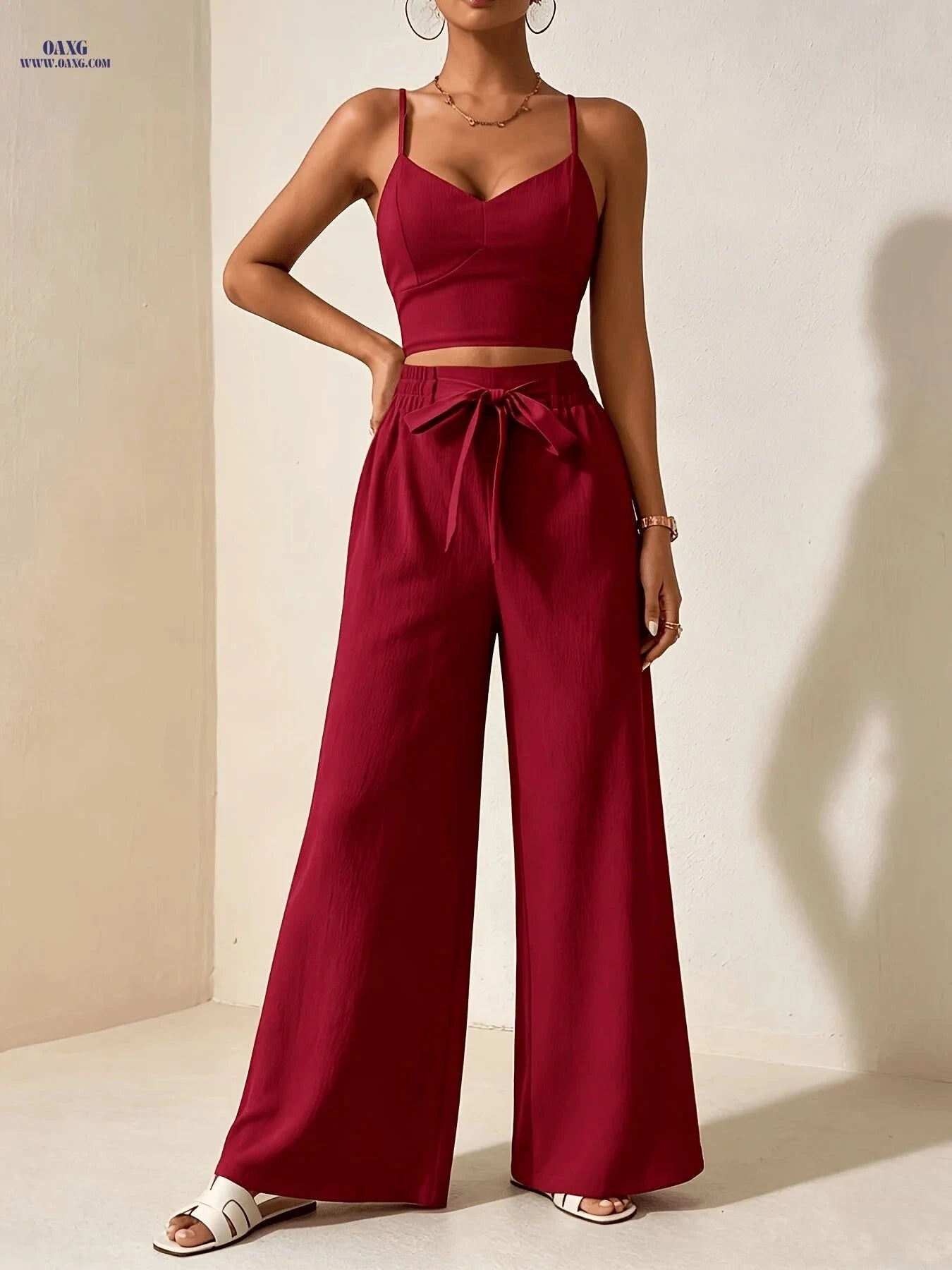 Women's Burgundy Spaghetti Strap Camisole & Wide-Leg Pants Set   OAXG 