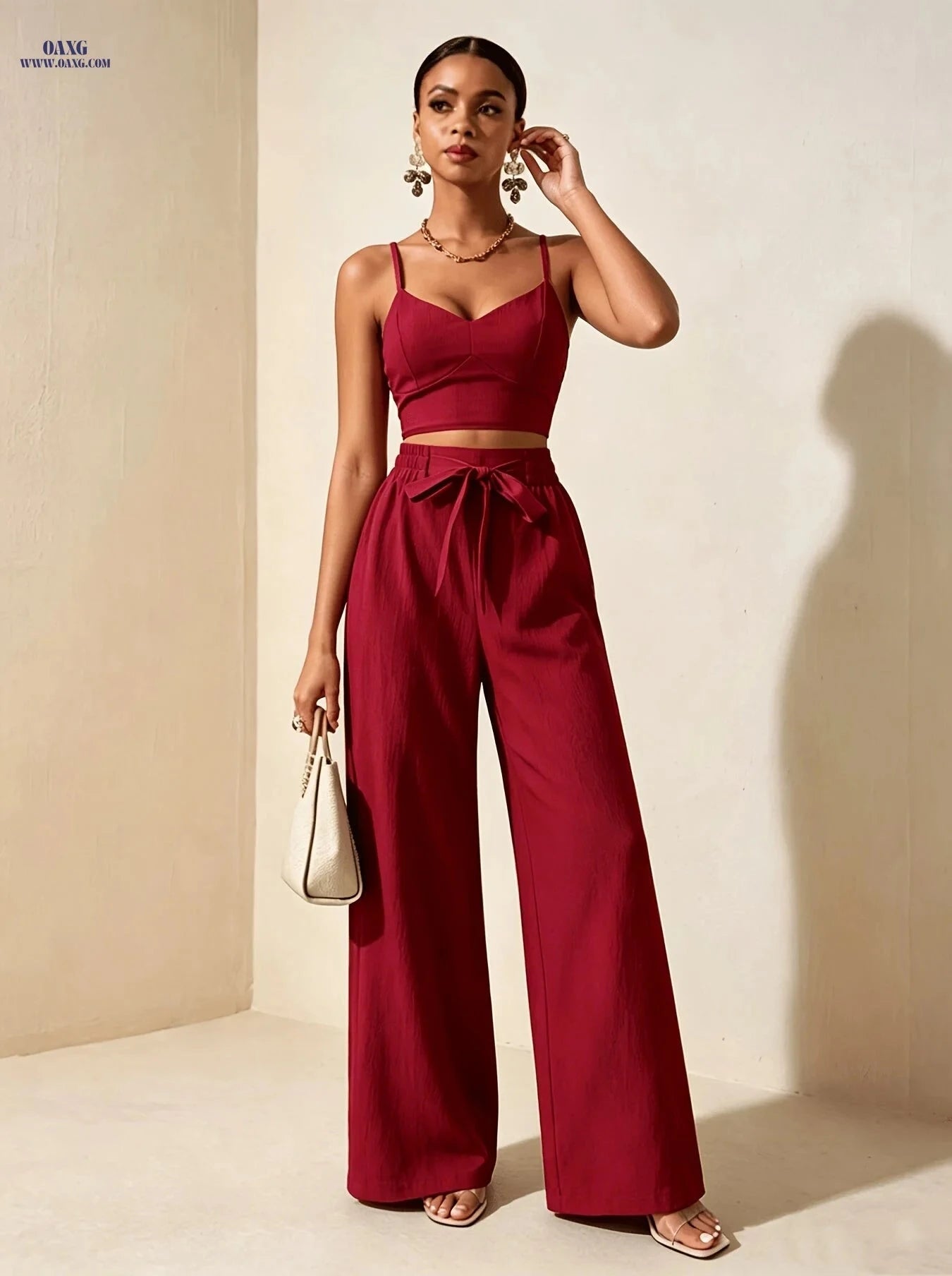Women's Burgundy Spaghetti Strap Camisole & Wide-Leg Pants Set   OAXG 