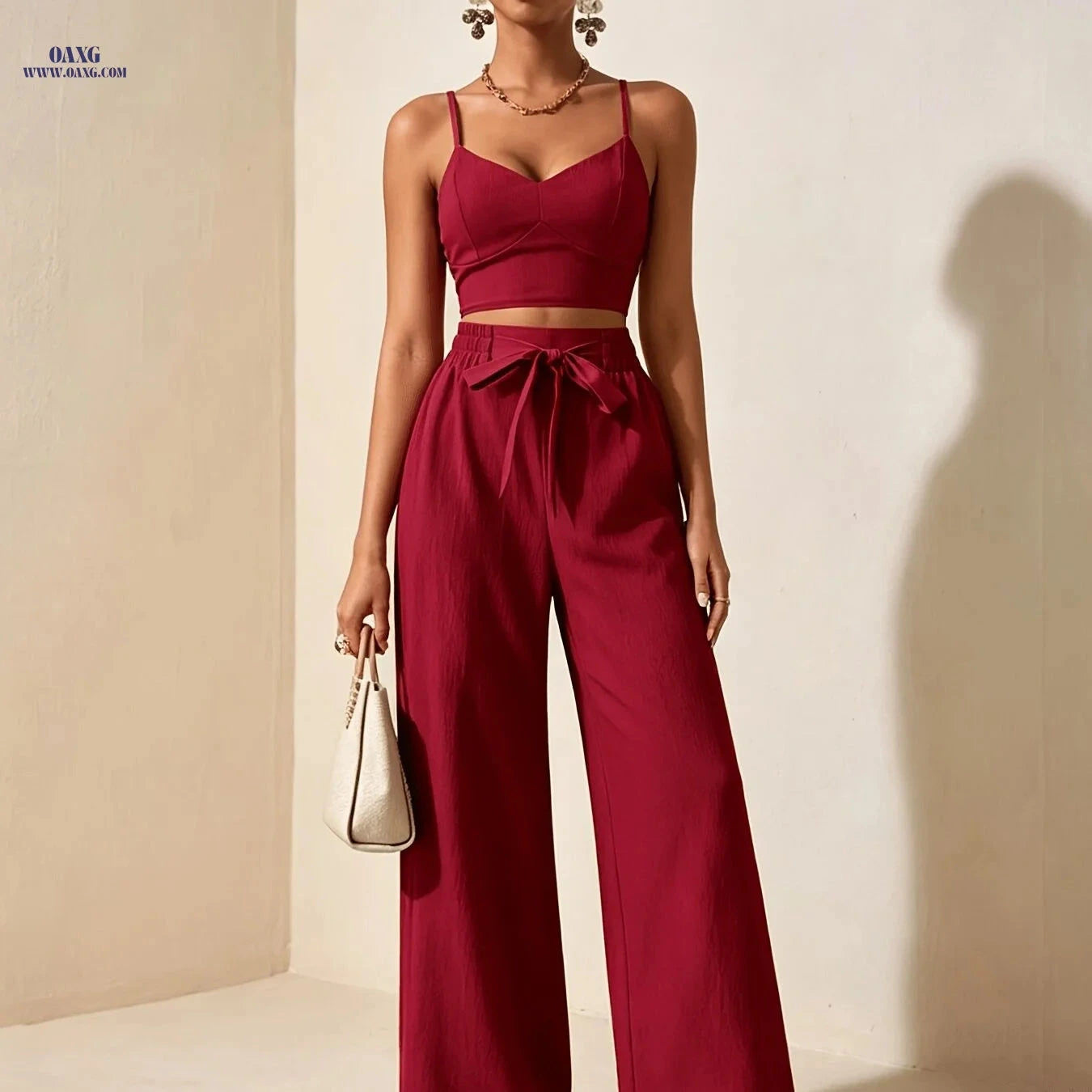 Women's Burgundy Spaghetti Strap Camisole & Wide-Leg Pants Set   OAXG Burgundy / XS