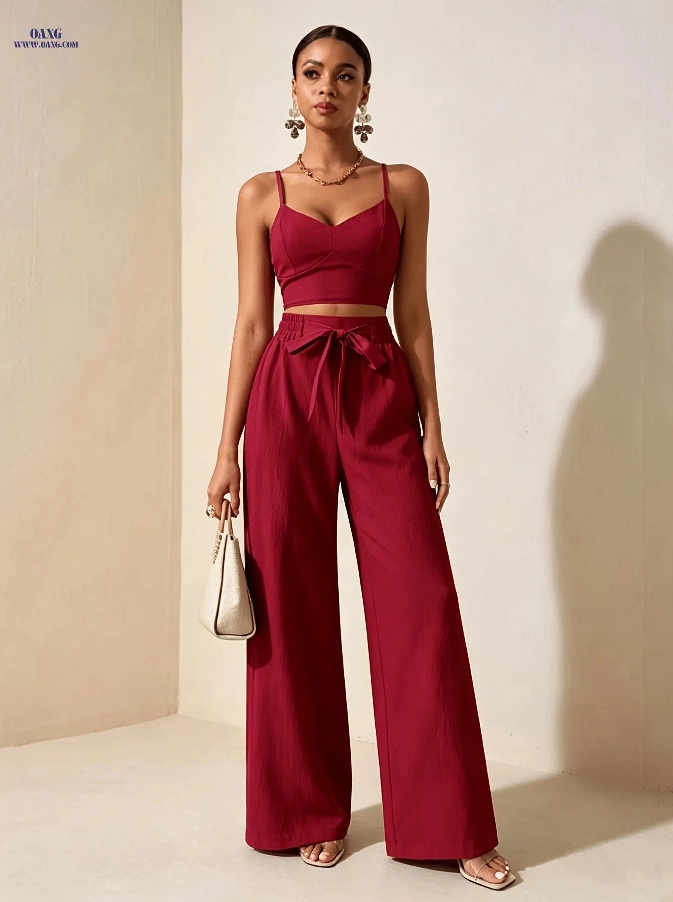 Women's Burgundy Spaghetti Strap Camisole & Wide-Leg Pants Set   OAXG Burgundy / XS