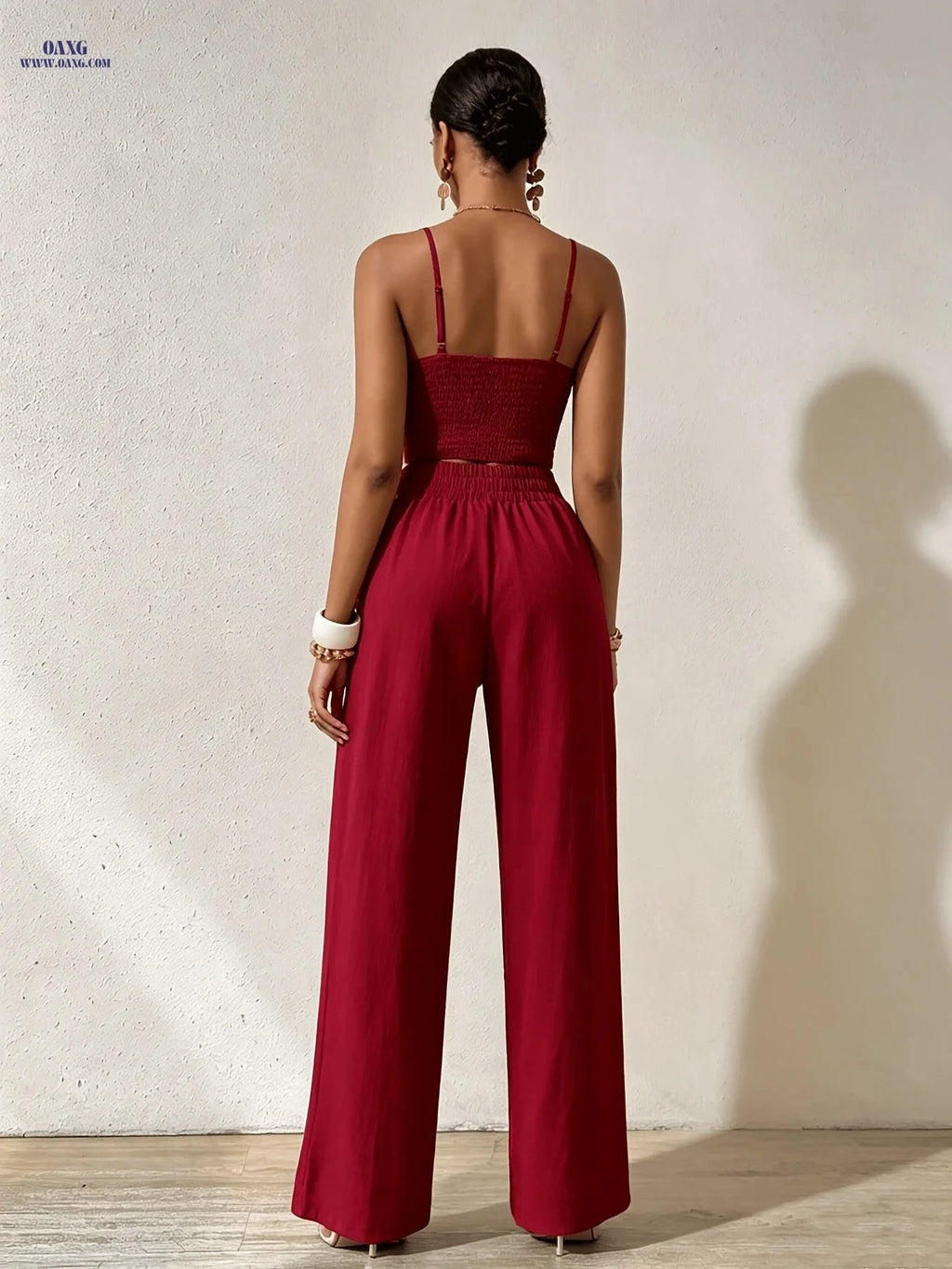 Women's Burgundy Spaghetti Strap Camisole & Wide-Leg Pants Set   OAXG Burgundy / XS