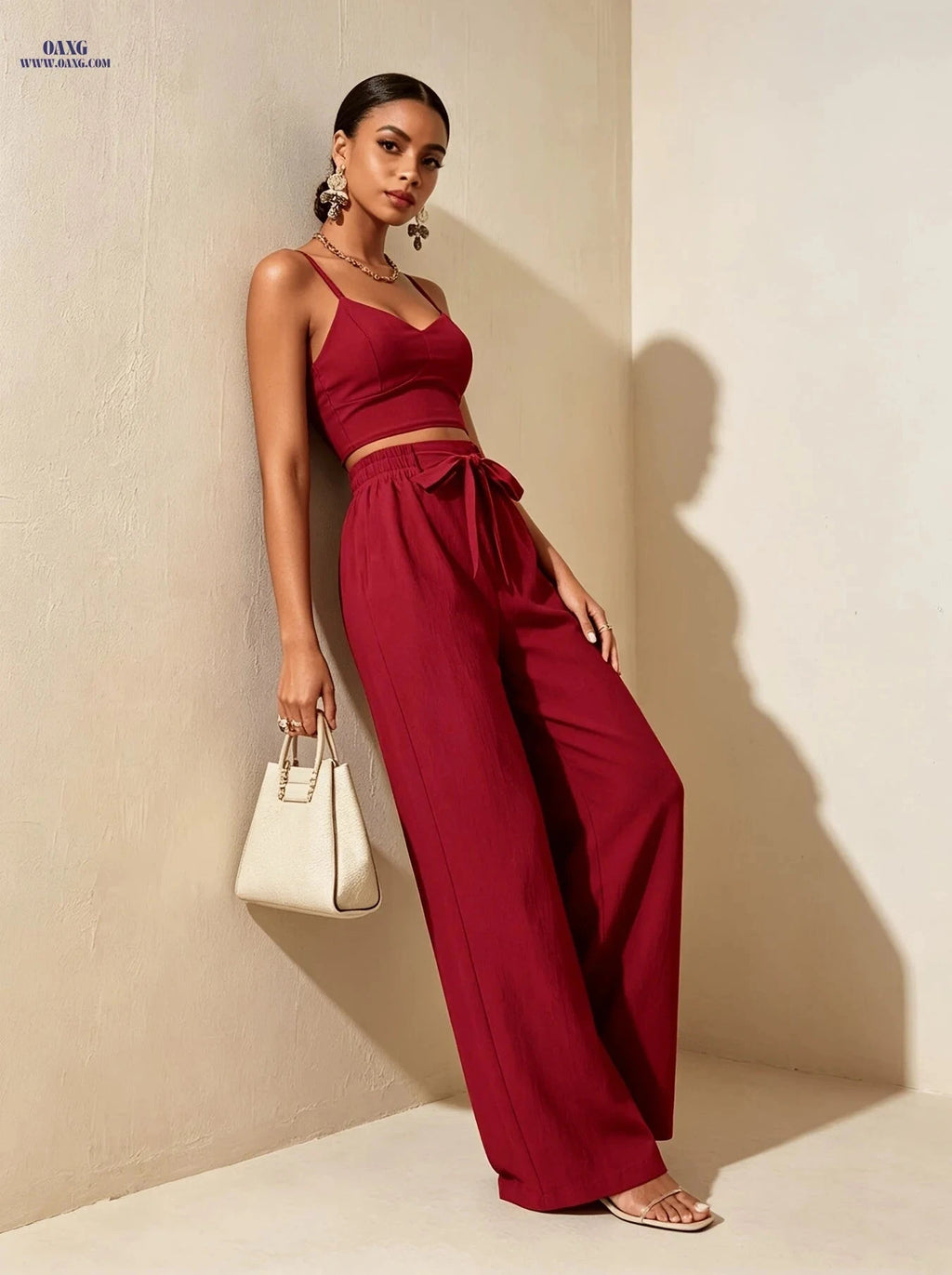 Women's Burgundy Spaghetti Strap Camisole & Wide-Leg Pants Set   OAXG Burgundy / XS