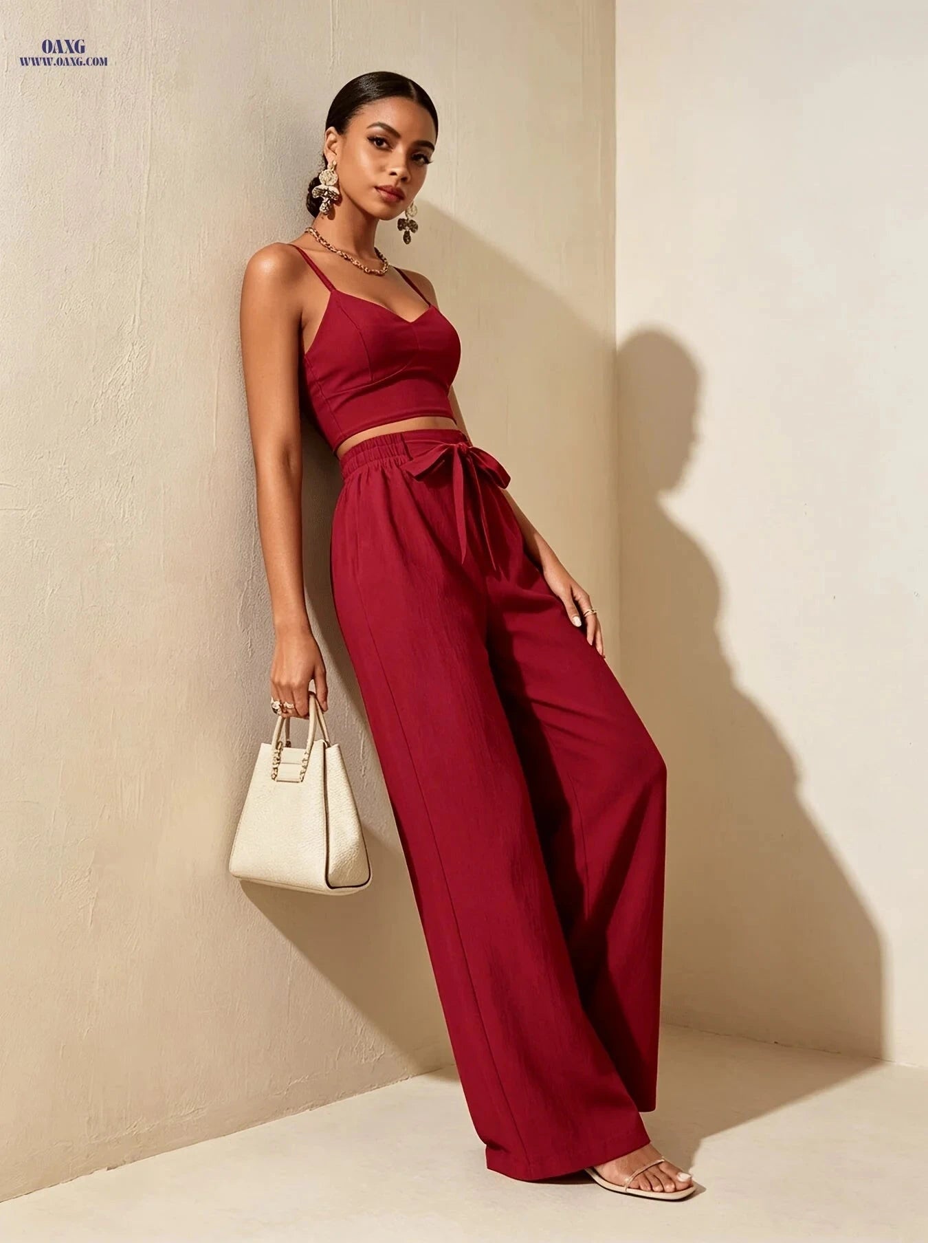 Women's Burgundy Spaghetti Strap Camisole & Wide-Leg Pants Set   OAXG Burgundy / XS