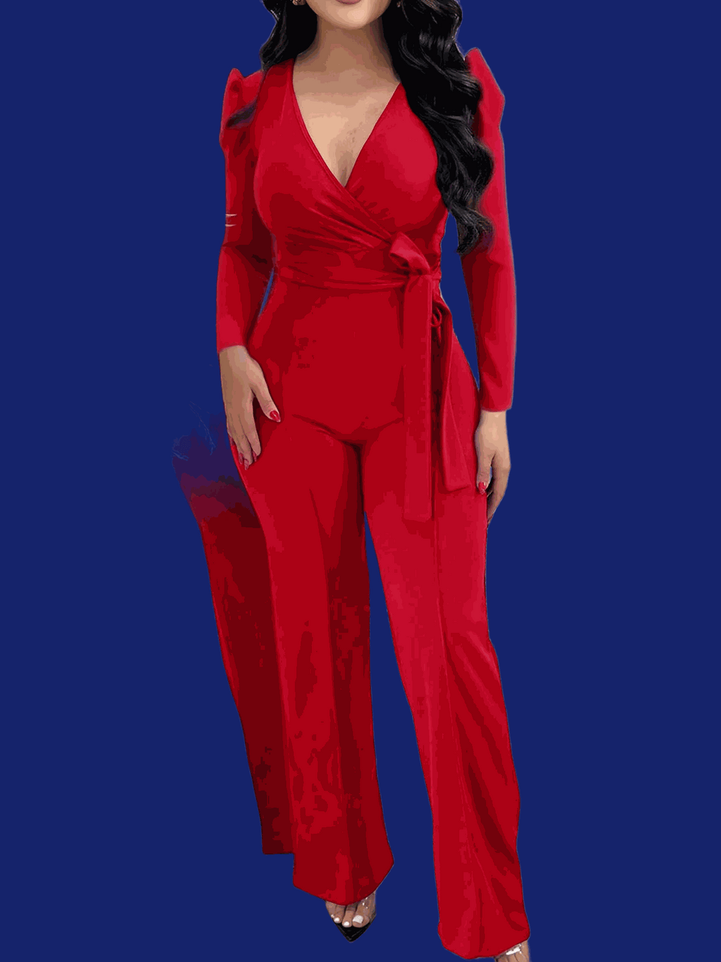 Women's Burgundy V-Neck Jumpsuit - Adjustable Waist Tie, Casual Style   OAXG 