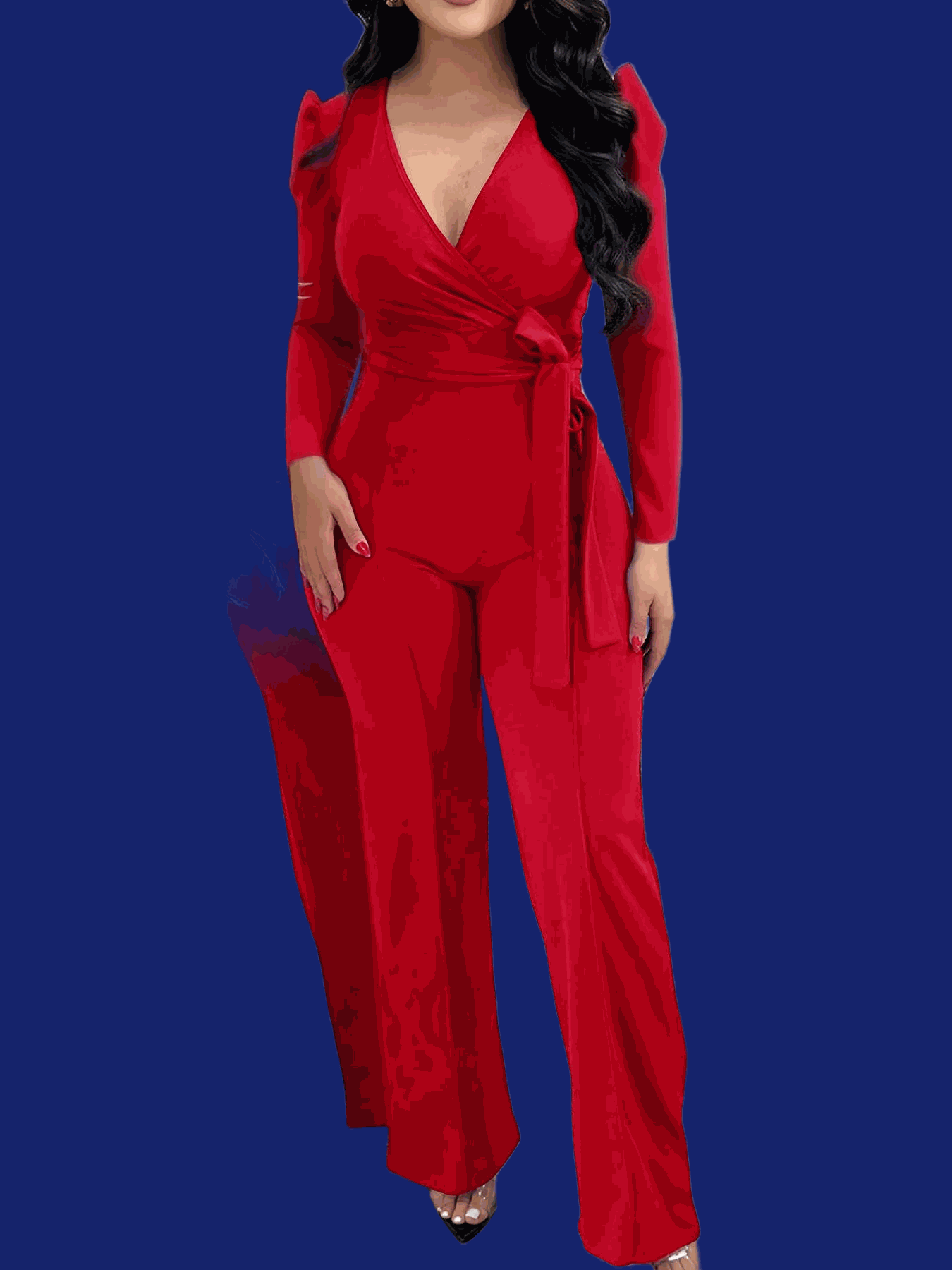 Women's Burgundy V-Neck Jumpsuit - Adjustable Waist Tie, Casual Style   OAXG 