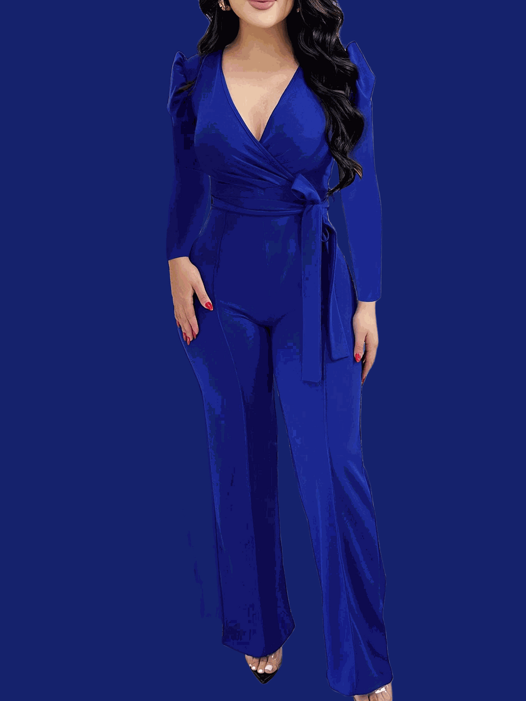 Women's Burgundy V-Neck Jumpsuit - Adjustable Waist Tie, Casual Style   OAXG 