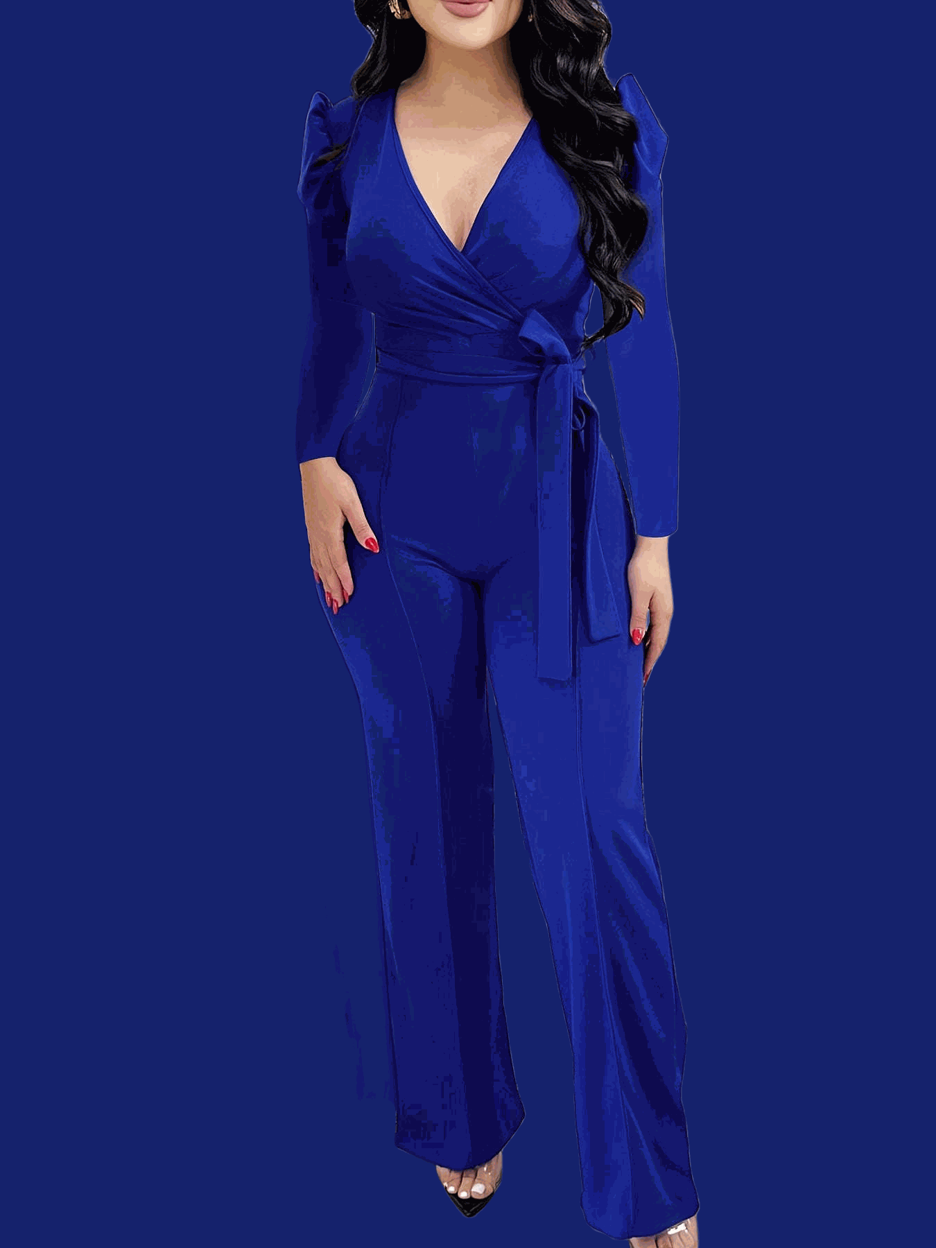 Women's Burgundy V-Neck Jumpsuit - Adjustable Waist Tie, Casual Style   OAXG 