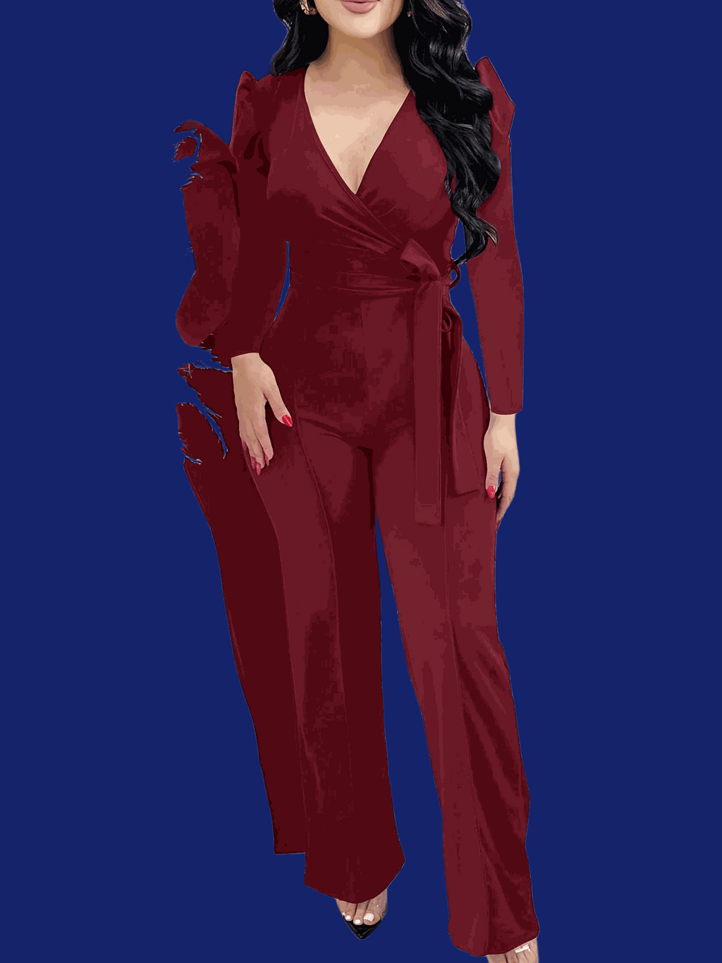 Women's Burgundy V-Neck Jumpsuit - Adjustable Waist Tie, Casual Style   OAXG Royal Blue / S