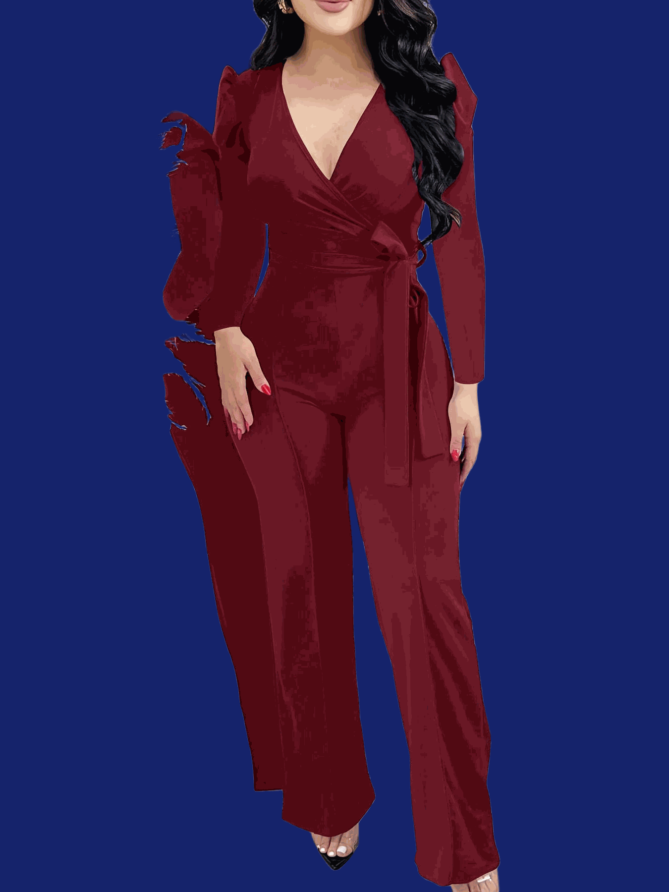 Women's Burgundy V-Neck Jumpsuit - Adjustable Waist Tie, Casual Style   OAXG Royal Blue / S
